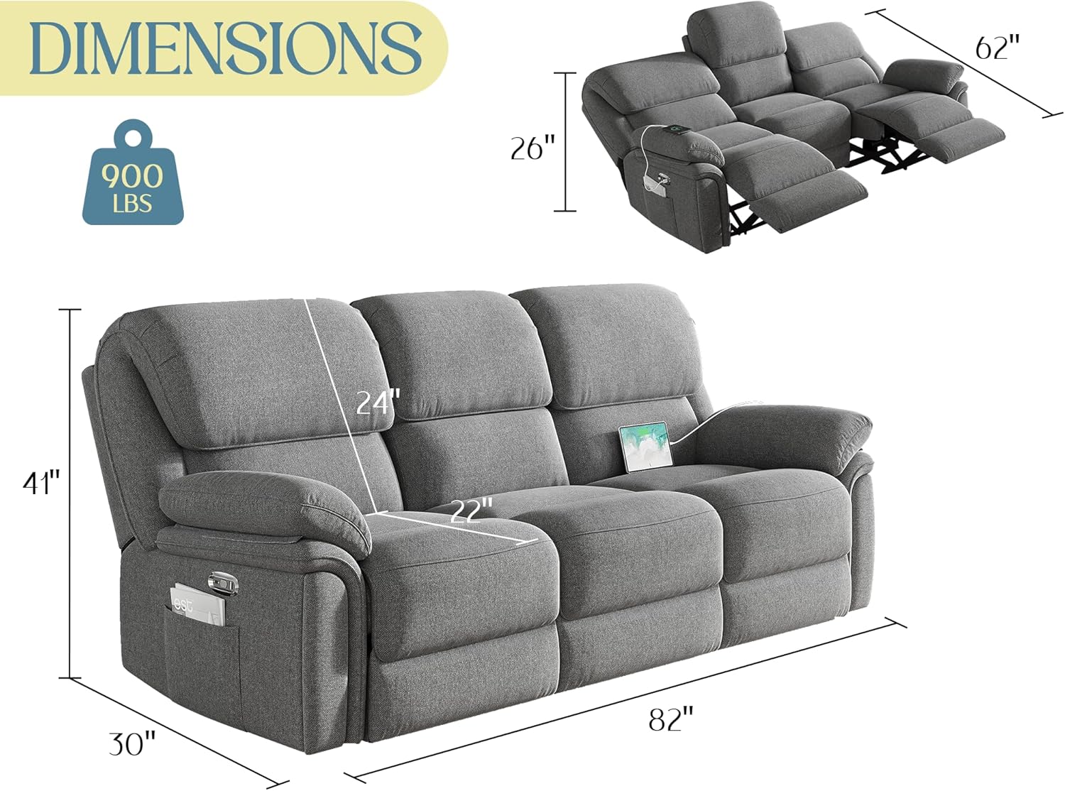 VanAcc Power Recliner Sofa, Home Theater Seating with Type-C Charging Ports, Electric Reclining Sofa for Living Room, Grey Sofa Recliner