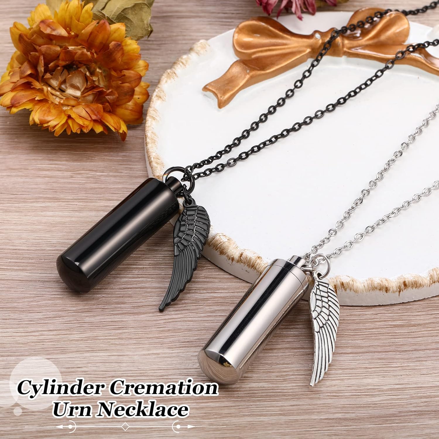 Kigeli 10 Pcs Cylinder Cremation Urn Necklace with Angel Wing Stainless Steel Memorial Keepsake Pendant Cremation Necklaces for Ashes for Women Men Urn Jewelry Sets Keepsake Necklace with Filling Kit