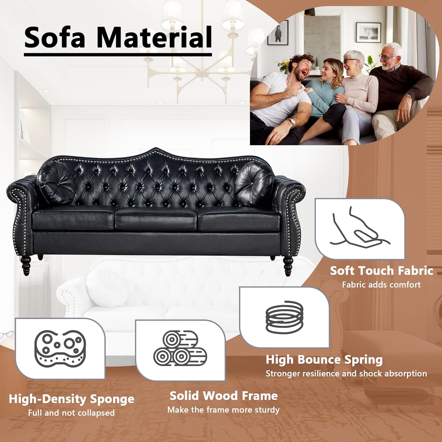 AVZEAR 82" Three Seater Leather Sofa, Chesterfield Sofa, Mid-Century Modern PU Upholstered Sofa Couch, Deep Button Tufted Living Room Sofa with Two Throw Pillows, Black