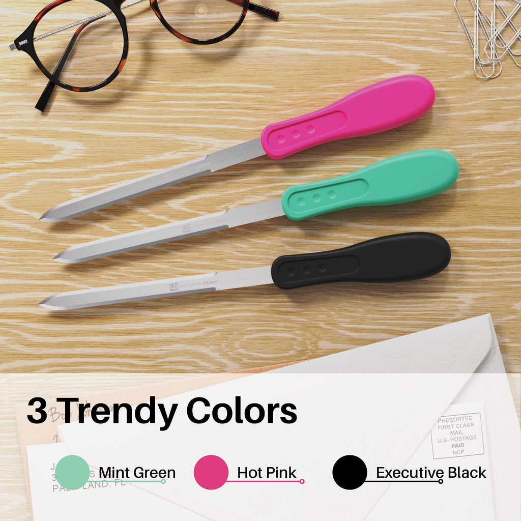 Uncommon Desks Kontorbrevåbner - Rustfrit Stål Knivægblad, Ergonomisk Grebshåndtag (Blandet Farver, 3 Stykker)