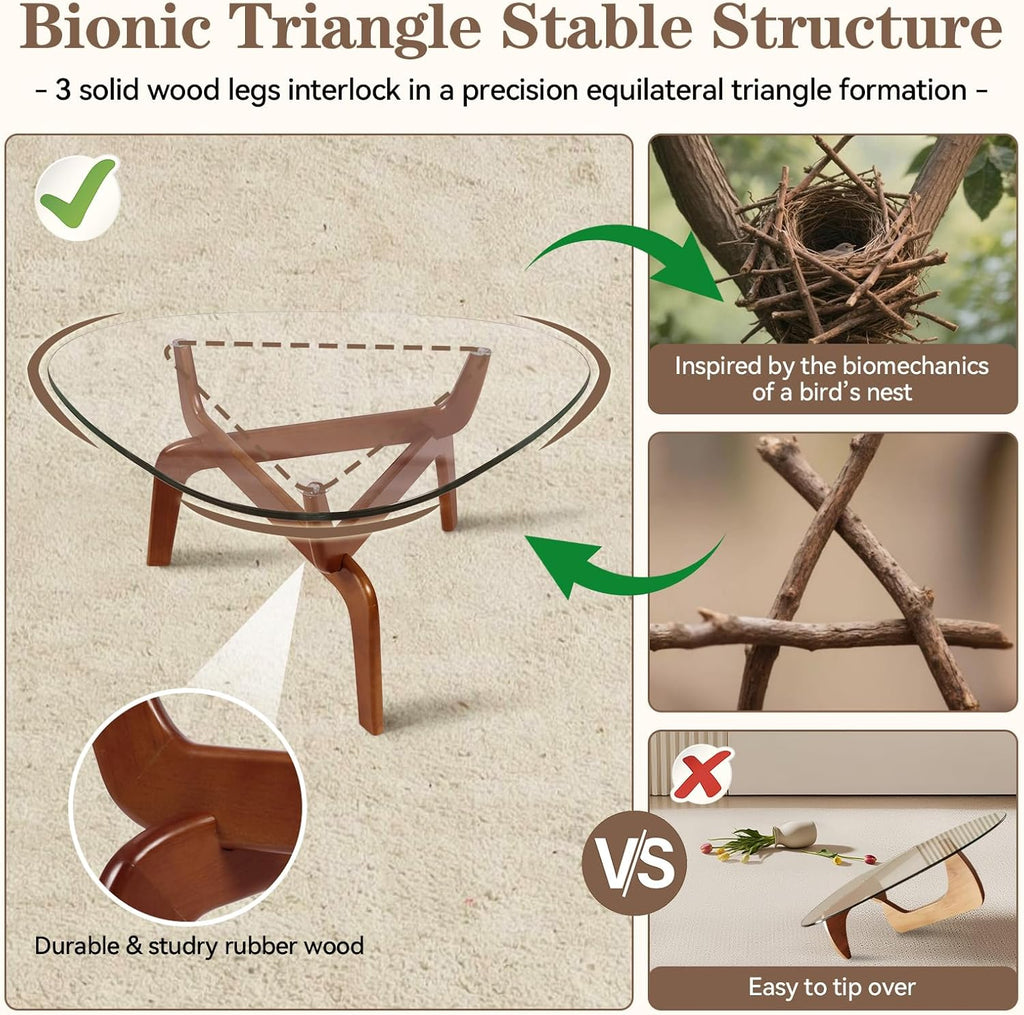 Glass Coffee Tables for Living Room, Triangle Coffee Table with Non-Tip Rubber Wood Base, Morden Tea Table with Tempered Glass Top | Perfect for Homes with Kids/Pets, Office, Apartment (Brown)