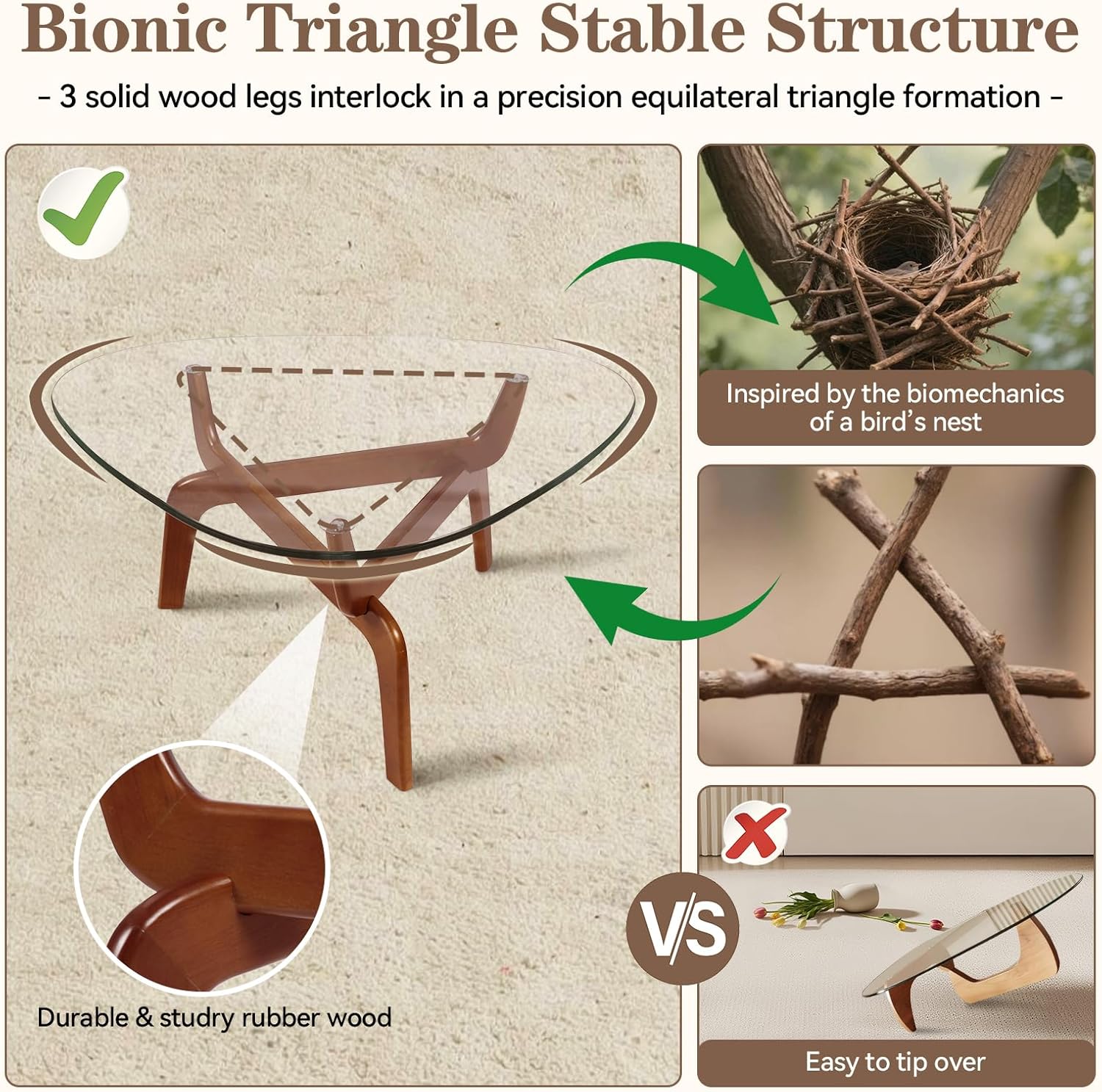 Glass Coffee Tables for Living Room, Triangle Coffee Table with Non-Tip Rubber Wood Base, Morden Tea Table with Tempered Glass Top | Perfect for Homes with Kids/Pets, Office, Apartment (Brown)