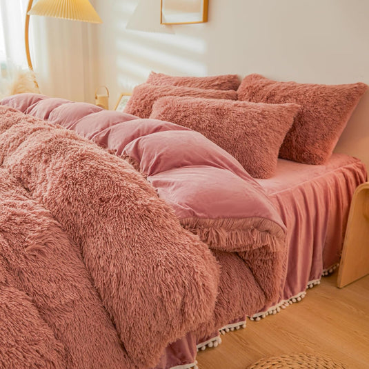 Fluffy Pink Faux Fur Comforter Cover Set，Fluffy Fuzzy Plush Pink Bedding 3Pcs (1 Faux Fur Duvet Cover +2 Fuzzy Pillowcases) Pink Fluffy Bed Set (Pink, Queen)