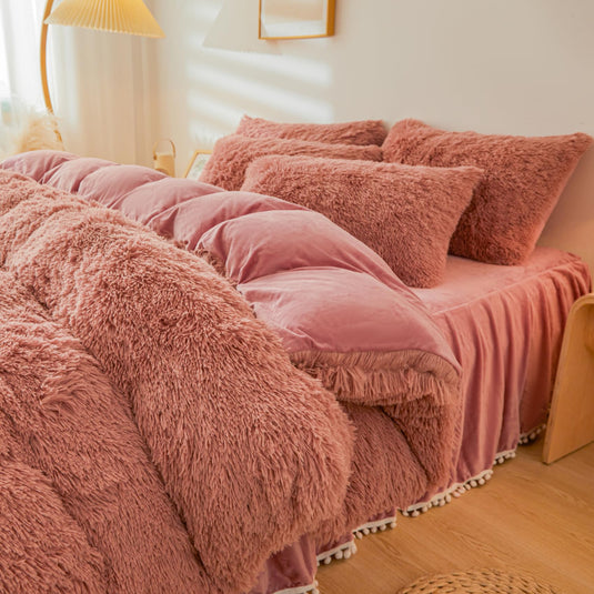 Fluffy Pink Faux Fur Comforter Cover Set，Fluffy Fuzzy Plush Pink Bedding 3Pcs (1 Faux Fur Duvet Cover +2 Fuzzy Pillowcases) Pink Fluffy Bed Set (Pink, Queen)