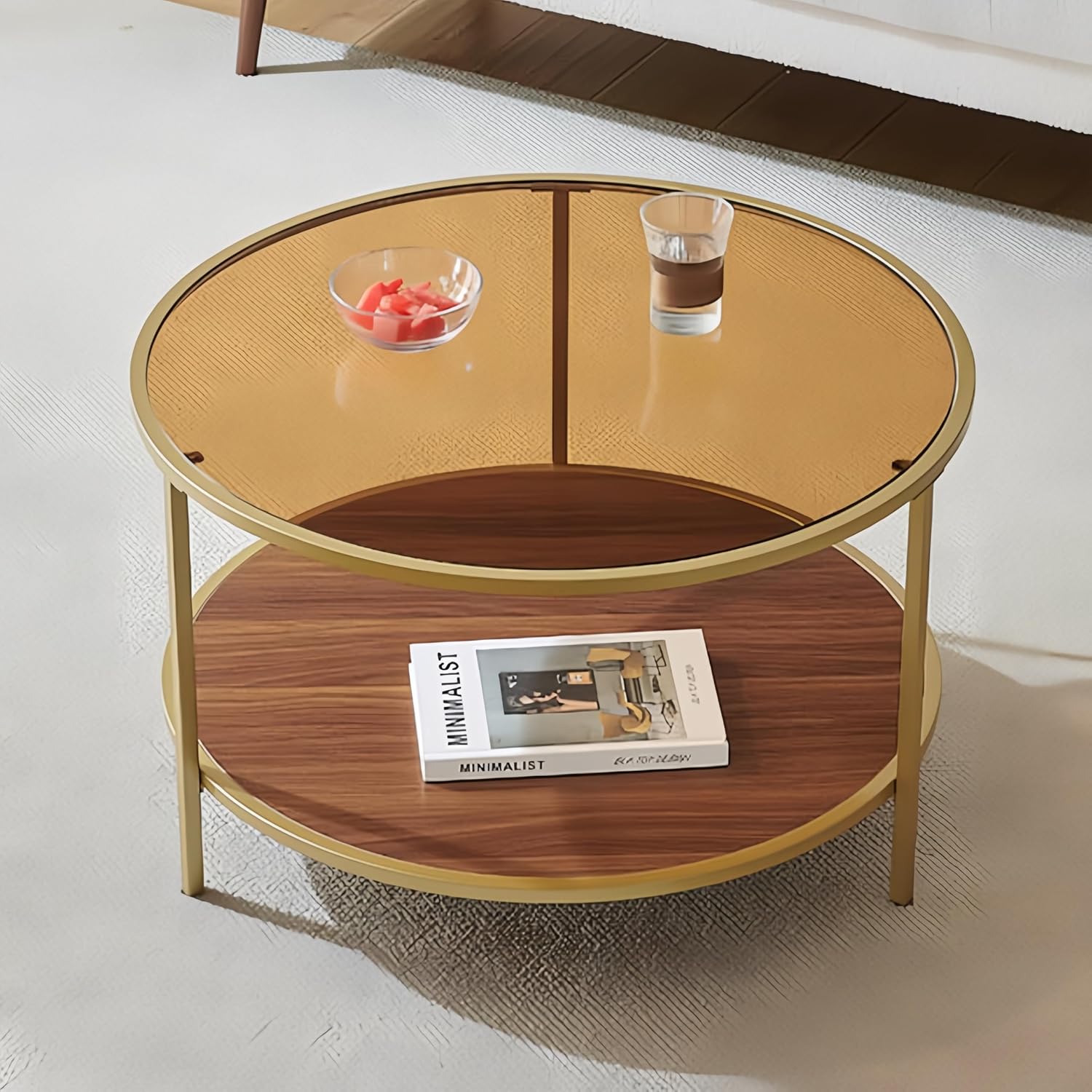 Modern Round Glass Coffee Table with Amber Glass Top, Round Glass Table for Living Room, D30''×H18'', Gold Table Legs Structure & Amber Glass Top