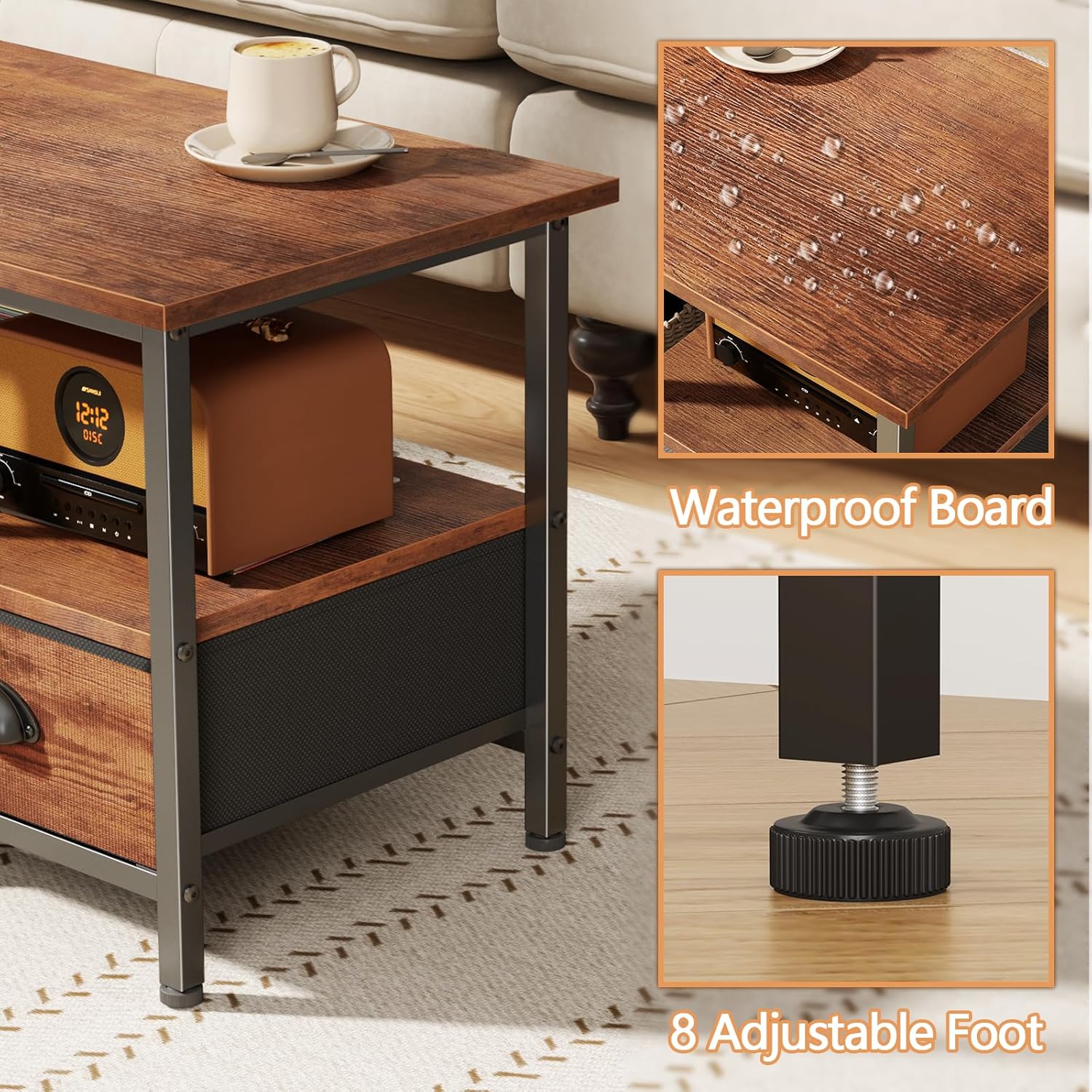 Furologee Coffee Table with 2 Fabric Drawers, 35inch Small Coffee Table for Living Room, 2-Tier Central Table with Storage Shelves for Home Office, Rustic Brown