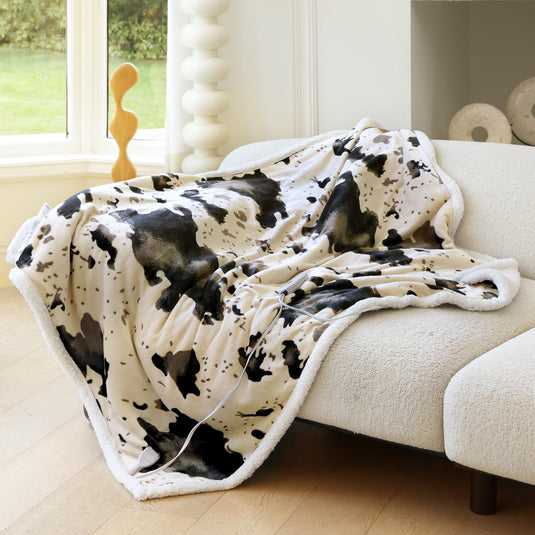 Heated Throw Blanket Electric Blanket - Heating Blanket Throw with 5 Heat Levels & 4 Hours Auto-Off, Cozy Soft Fleece Sherpa Blanket, Washable, Fast Heating, 50 x 60 Inches, Cow Print