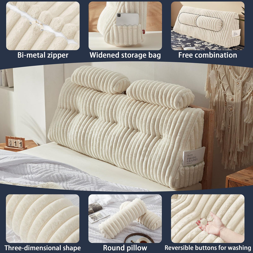 Rycwola hovedgærde pude i imiteret pels med 2 stk nakkepuder stor hovedgærde pude blød og støttende med aftageligt betræk (Beige, Queen)