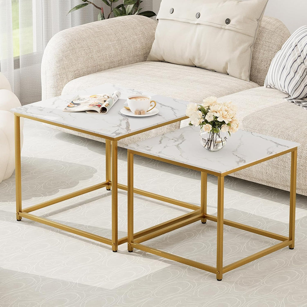 Garden 4 you Coffee Table Set of 2, Modern Engineered Wood Nesting Table, Metal Frame Square Center Table Set, Side Tables, Nesting Coffee Table for Living Room, Bedroom and Small Spaces, 23.6in Gold