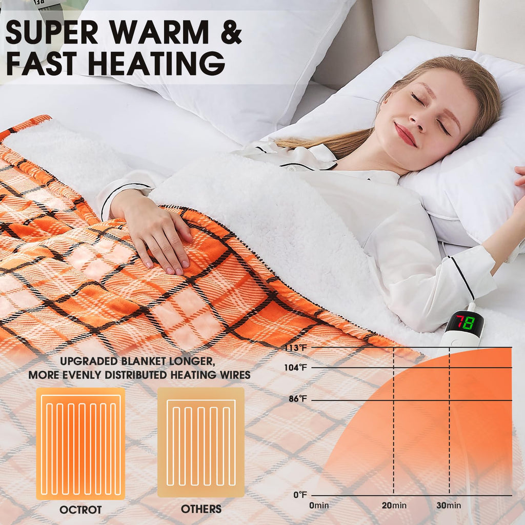 Elektrisch verwarmd deken, 50X60, verwarmingsdeken met 10 verwarmingsniveaus/8 uur automatische uitschakeling, marineblauw geruit Sherpa-dekenverwarmer voor volwassenen, wasbaar deken cadeau voor bank bed kantoor, ETL