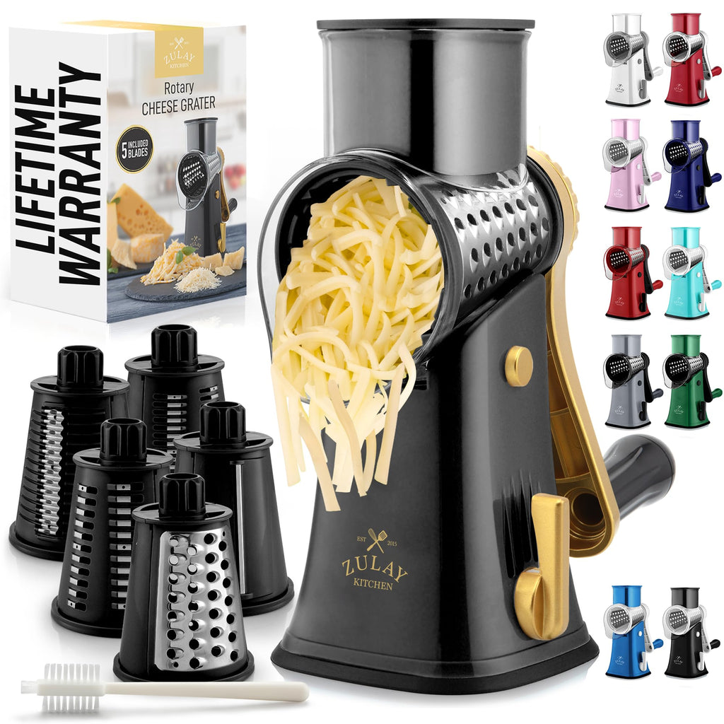 Zulay Rotary Cheese Grater 3 Blade Cheese Shredder - Manual Hand Crank Cheese Grater With Reinforced Suction & 3 Interchangeable Drums - Easy to Use Vegetable Chopper - Black