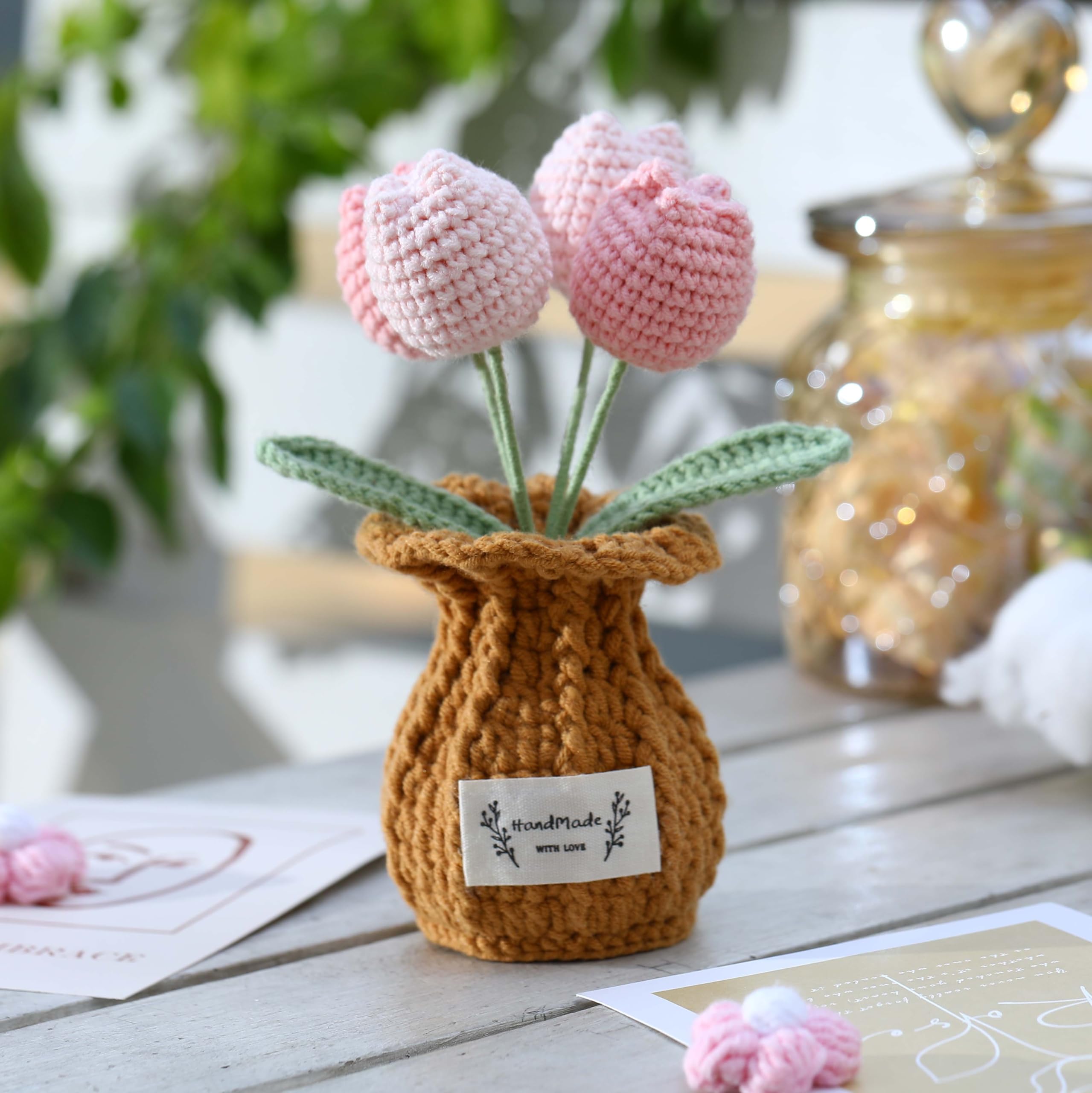 Crochet Flower Pot Forget-me-not Pink Thank You Crochet Gifts for Women Coworker Graduation & Mother's Day Gift Pink Crochet Potted Flower for Women Teacher| Handmade Knitted Potted Plant
