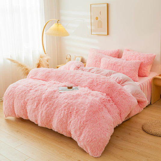 Fluffy Pink Faux Fur Comforter Cover Set，Fluffy Fuzzy Plush Pink Bedding 3Pcs (1 Faux Fur Duvet Cover +2 Fuzzy Pillowcases) Pink Fluffy Bed Set (Pink, Queen)