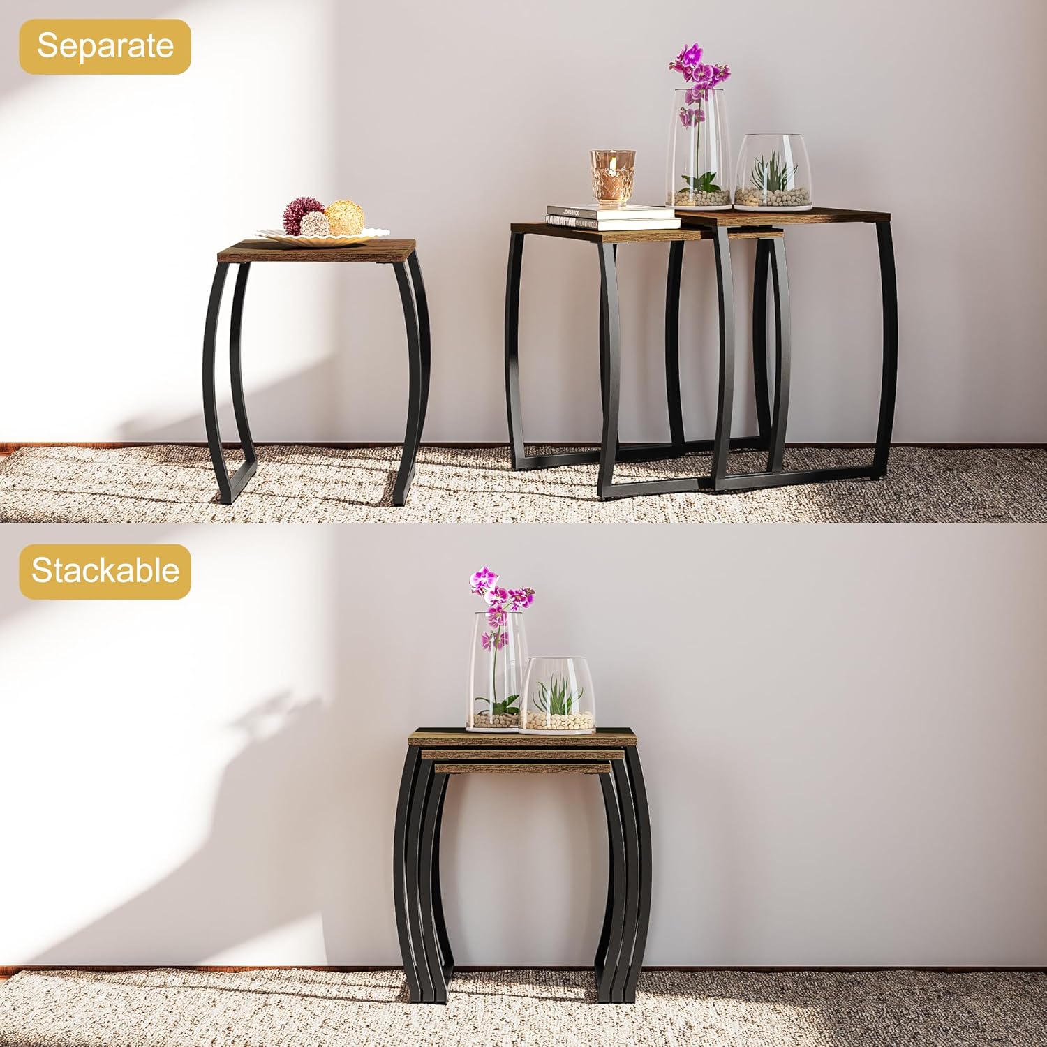 SRIWATANA Nesting Tables, Vintage Side End Tables Living Room, Coffee Snack Table Set of 3