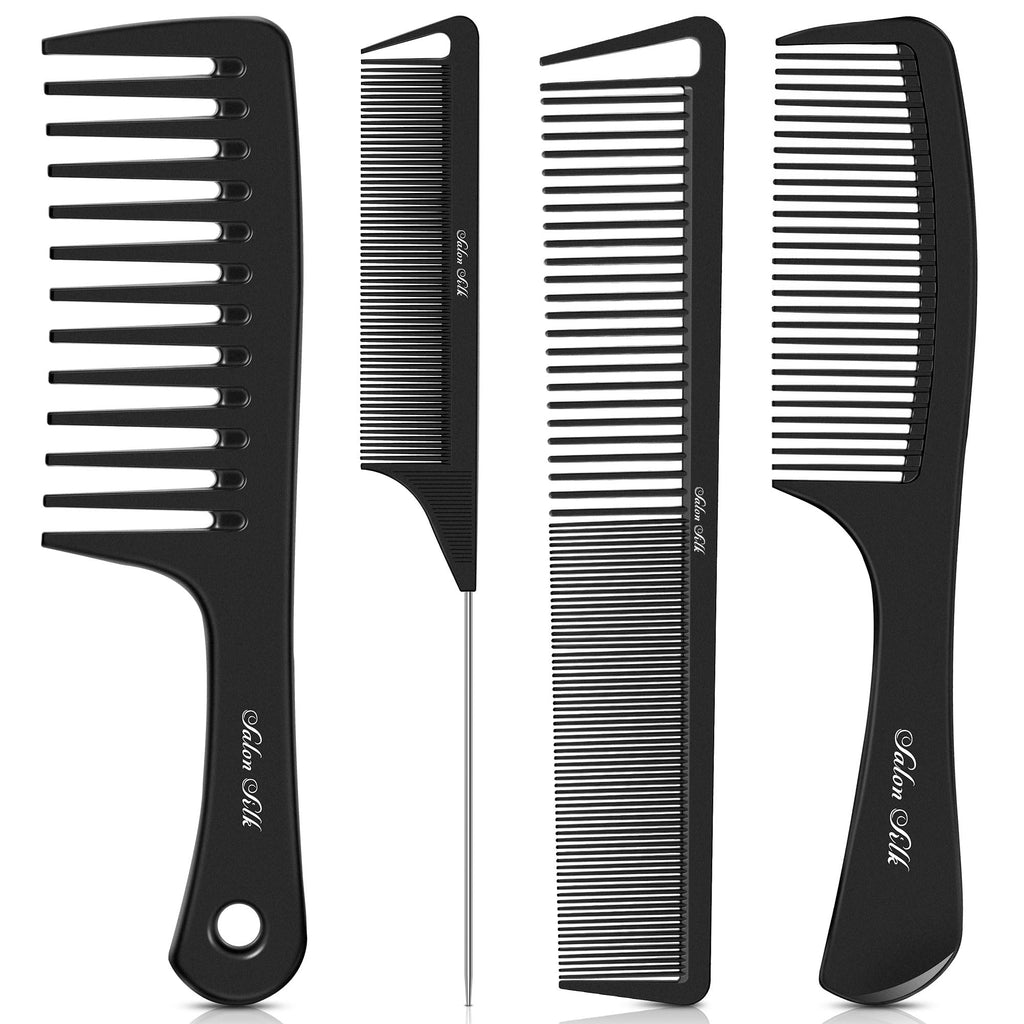 مجموعه ۴ عددی شانه حرفه‌ای SALONSILK، شانه‌های دندانه‌دار پهن، دندانه‌دار باریک و دم موش، مناسب برای بافت، کوتاهی، آرایشگری، حالت‌دهی و تقسیم موهای فر برای مردان و زنان