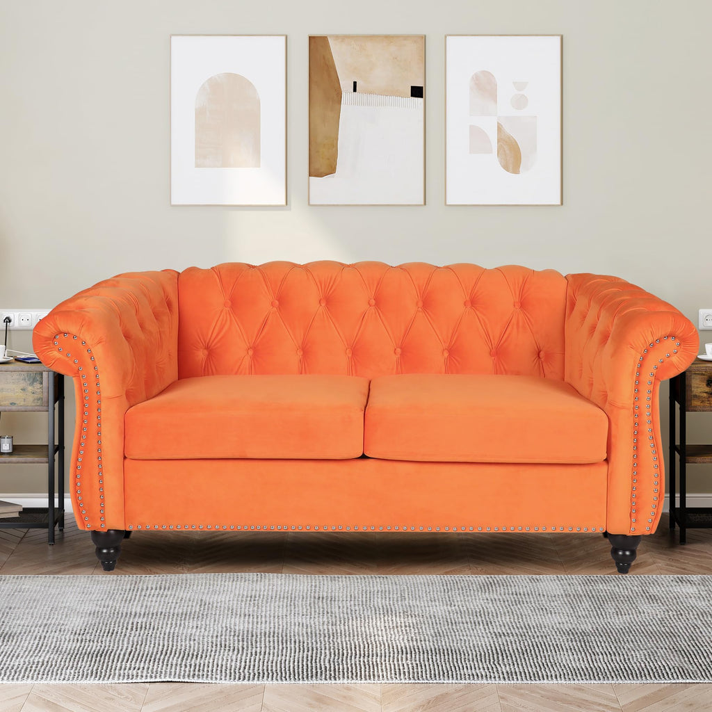 Home Sofa Living Room Furniture, 3 Seater 84" Velvet Upholstered Couch, Mid Century Modern Comfy Couch with Cushions, Classic Tufted Chesterfield Couches for Bedroom, Office, Apartment (Orange)