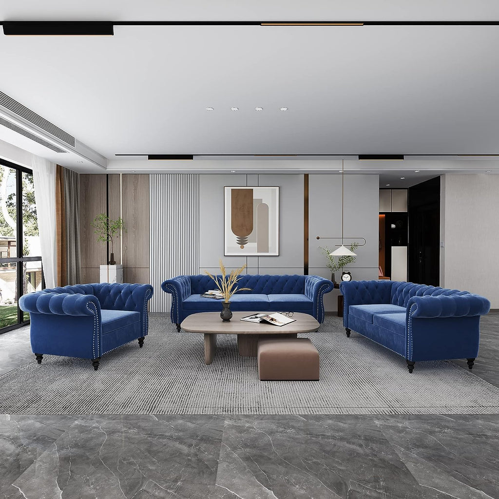 QHITTY 3 Piece Living Room Set, Sectional Chesterfield Sofa Chair Contemporary Upholstered Leather Loveseat Couch Sets for Living Room, Bedroom, Office