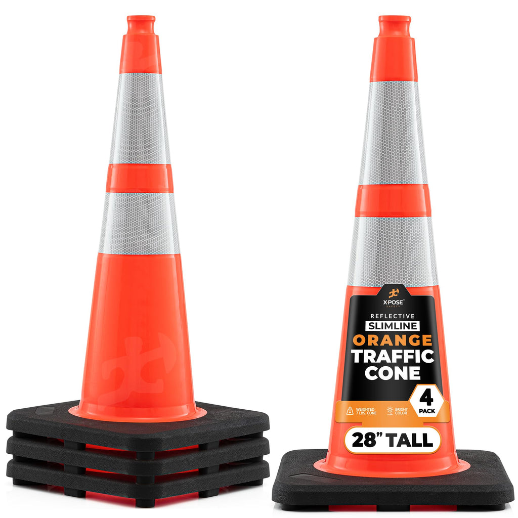 Xpose Safety 28 Inch Orange Slim Line Traffic Cones with 6" & 4" Collars, 24 Pack Multipurpose PVC Plastic Safety Cone for Parking, Soccer, Caution, Kids & Construction - DOT Approved