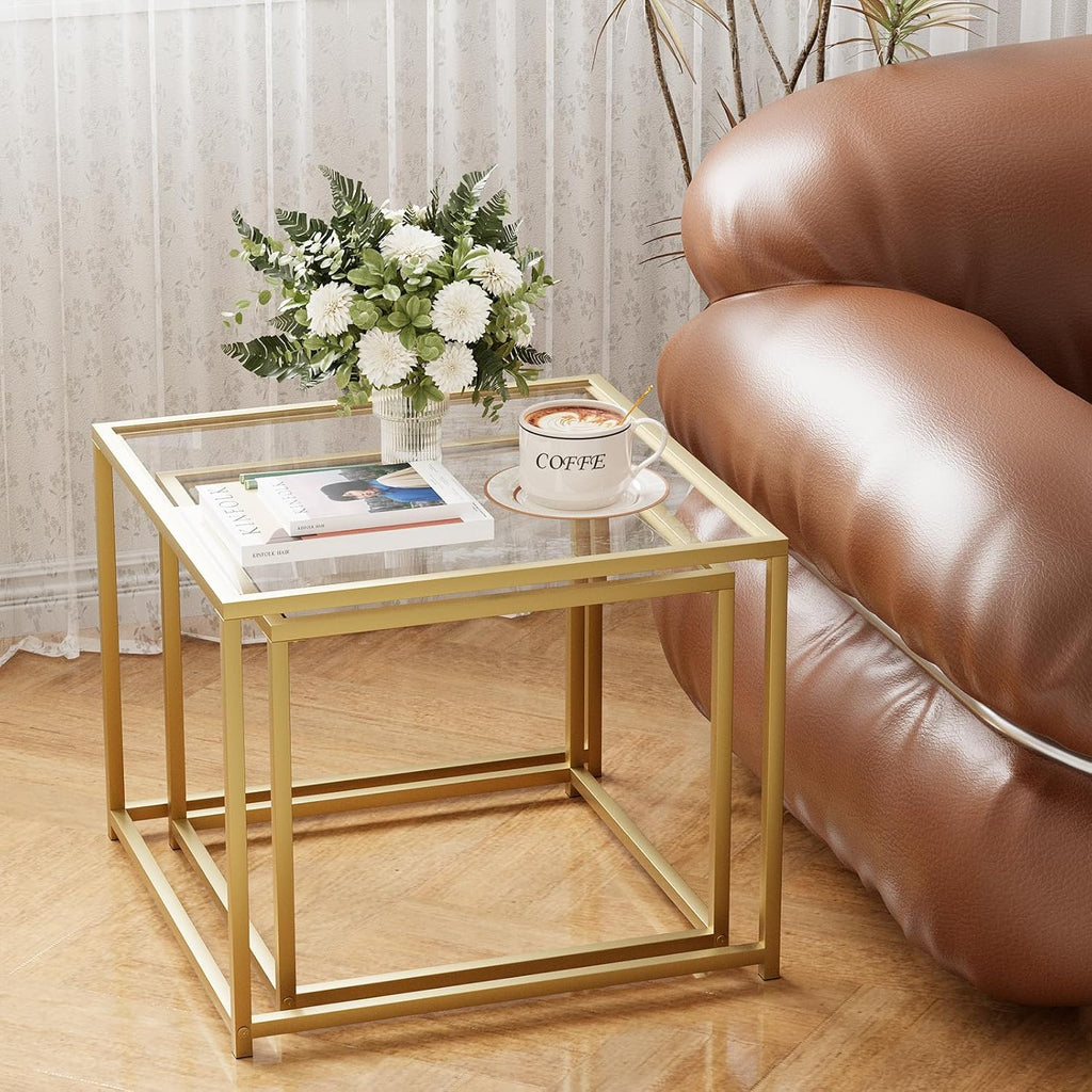 Glass Coffee Table Modern Center Living Room Table,Minimalist Nesting Table Set of 2 for Living Room,Tempered Glass-top with Sturdy Metal Frame, Easy Assembly,Gold