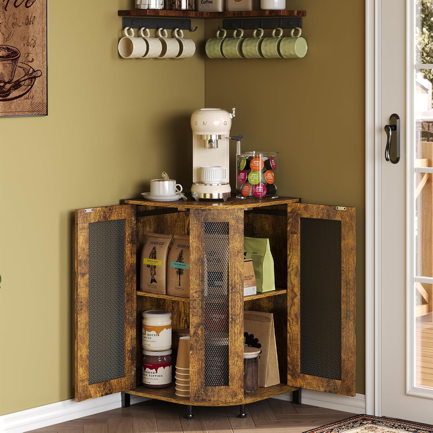 keomaisyto Coffee Bar Cabinet, 3-Tier Corner Coffee Cabinet with Storage Shelf & 18.7" Countertop, Rustic Wood Corner Bar Station with Magnetic Door for Kitchen/Entrance/Living Room/Dining Room