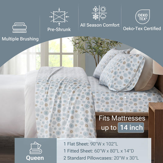 Sleep Philosophy True North Cozy Flannel Warm 100% Cotton Sheet - Novelty Print Animals Stars Cute Ultra Soft Cold Weather Bedding Set, Twin, Pink/Grey Snowflakes 3 Piece