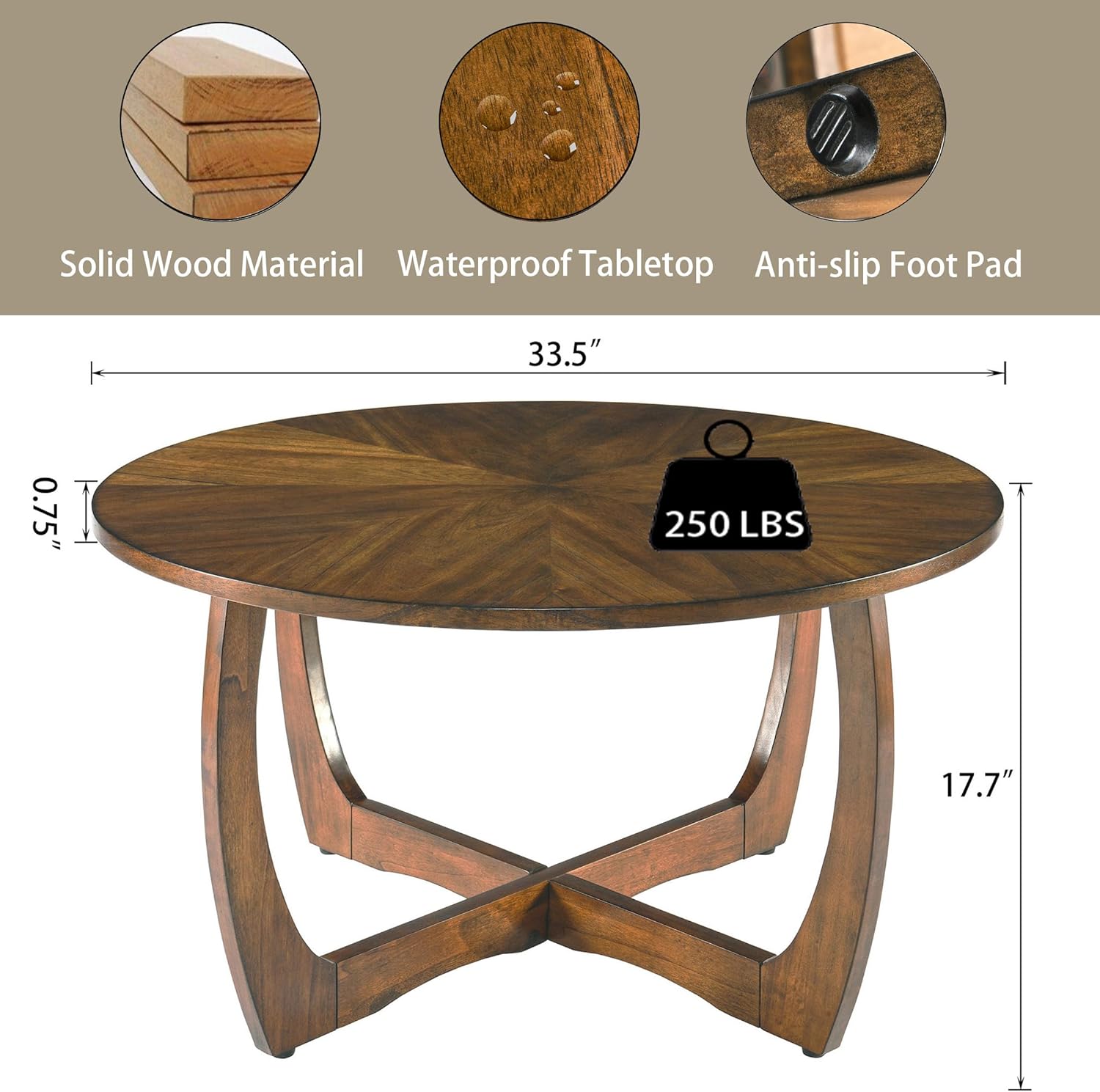 LEEMTORIG Round Wood Coffee Table, Mid Century Modern Round Walnut Coffee Tables for Living Room, 33.5" Dia. Circle Drum Coffee Table with Cross Legs, Easy Assembly, Brown Walnut KFZ-3223