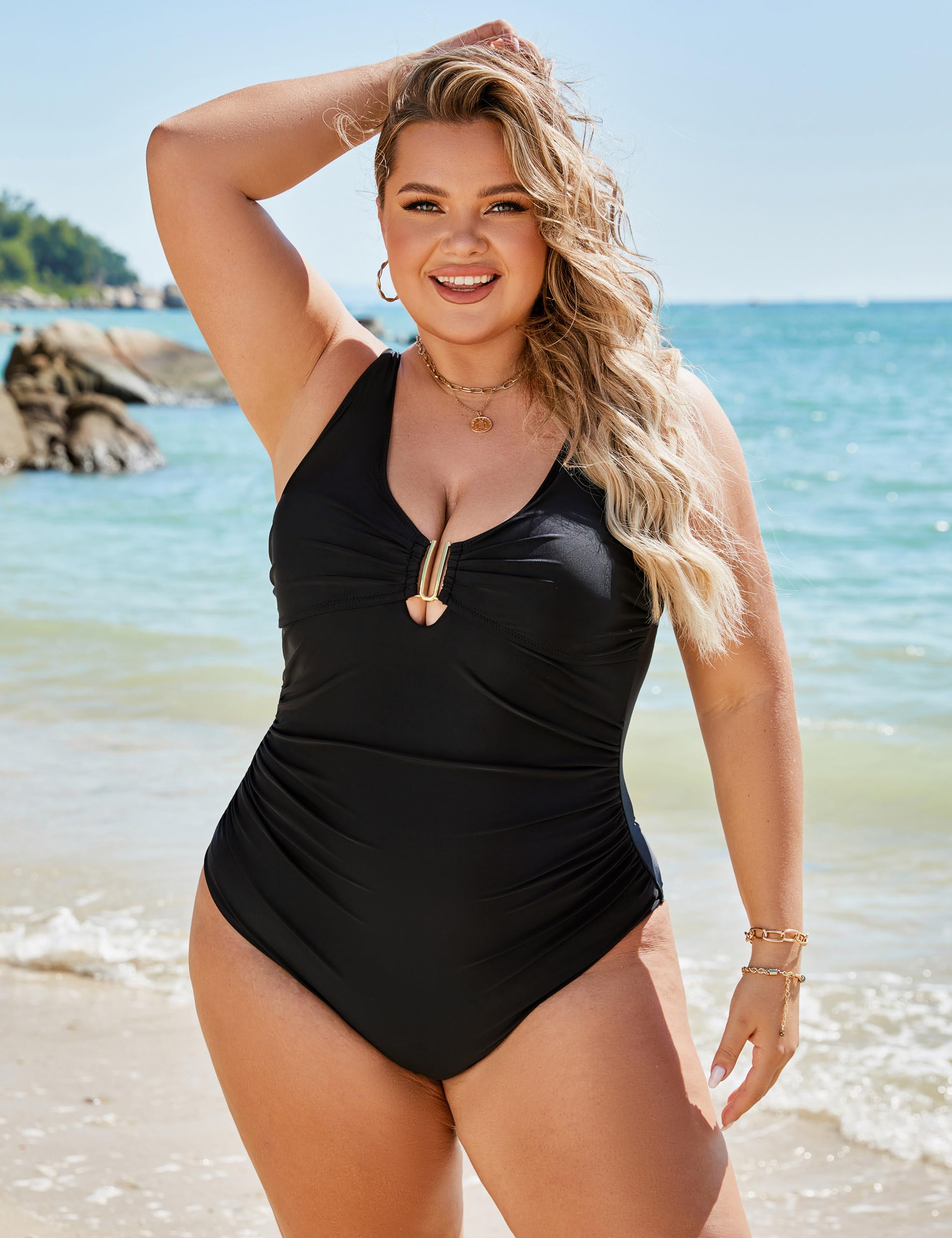 BMJL Women's Tummy Control Swimsuits Ruched Slimming One Piece Bathing Suit Deep V Neck Swimsuit(M,Black)