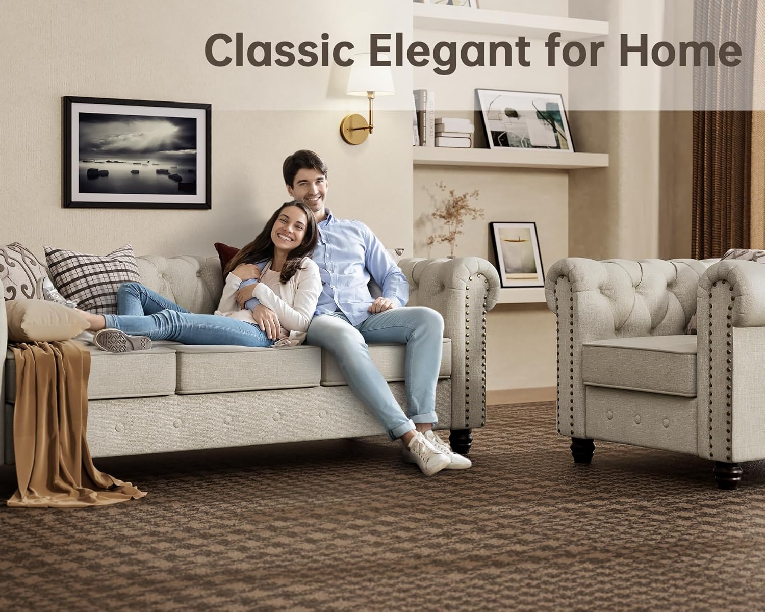 Morden Fort 2 Piece Classic Chesterfield 5-Seater Set, Tufted Loveseat & Sofa Furniture Solid Wood Legs Thick Cushion, Pet-Friendly Couch Set for Living Room Bedroom Apartment, Linen Beige