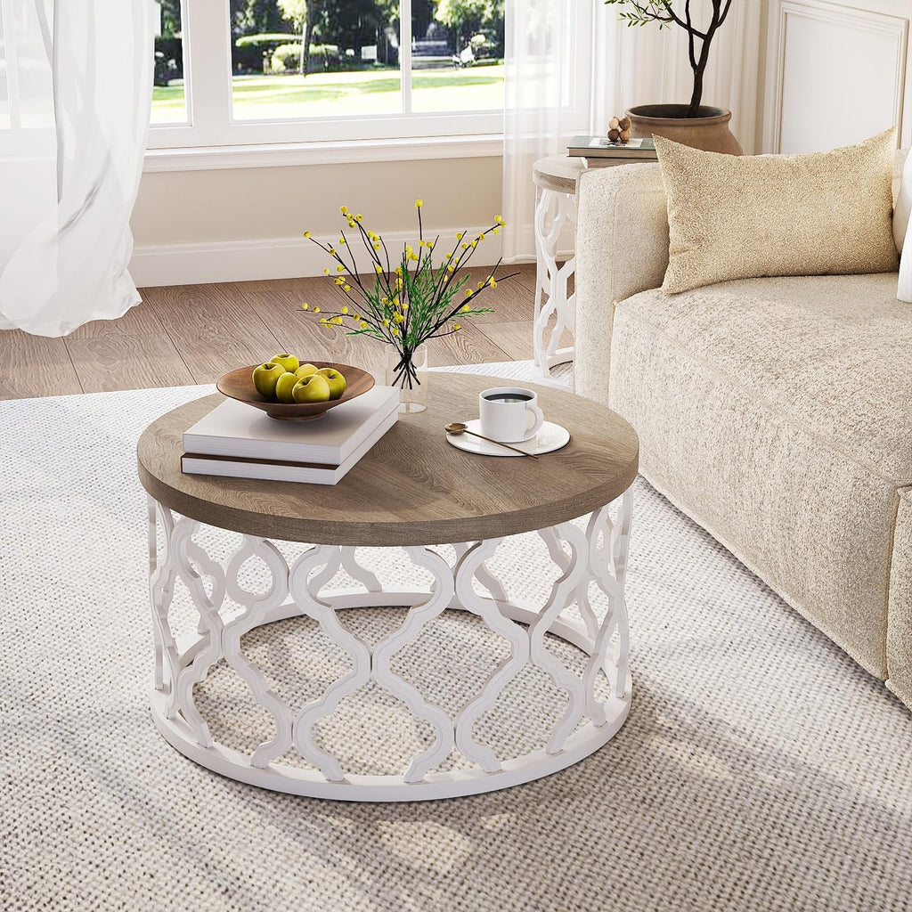karlott Farmhouse Coffee Table, French Country Round Coffee Table, Distressed Wood Top with Curved Motif Frame Base for Boho, Living Room