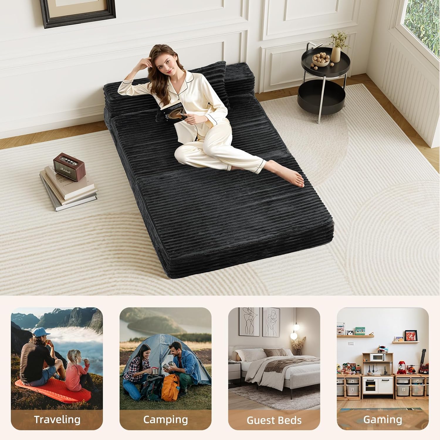 Folding Sofa Bed Twin - 4 in 1 Convertible Foldable Sleeper Chair with Pillow, Fold Out Couch, High-Density Foam Floor Mattress, Space-Saving Futon for Living Dorm Guest Room and Office, Grey