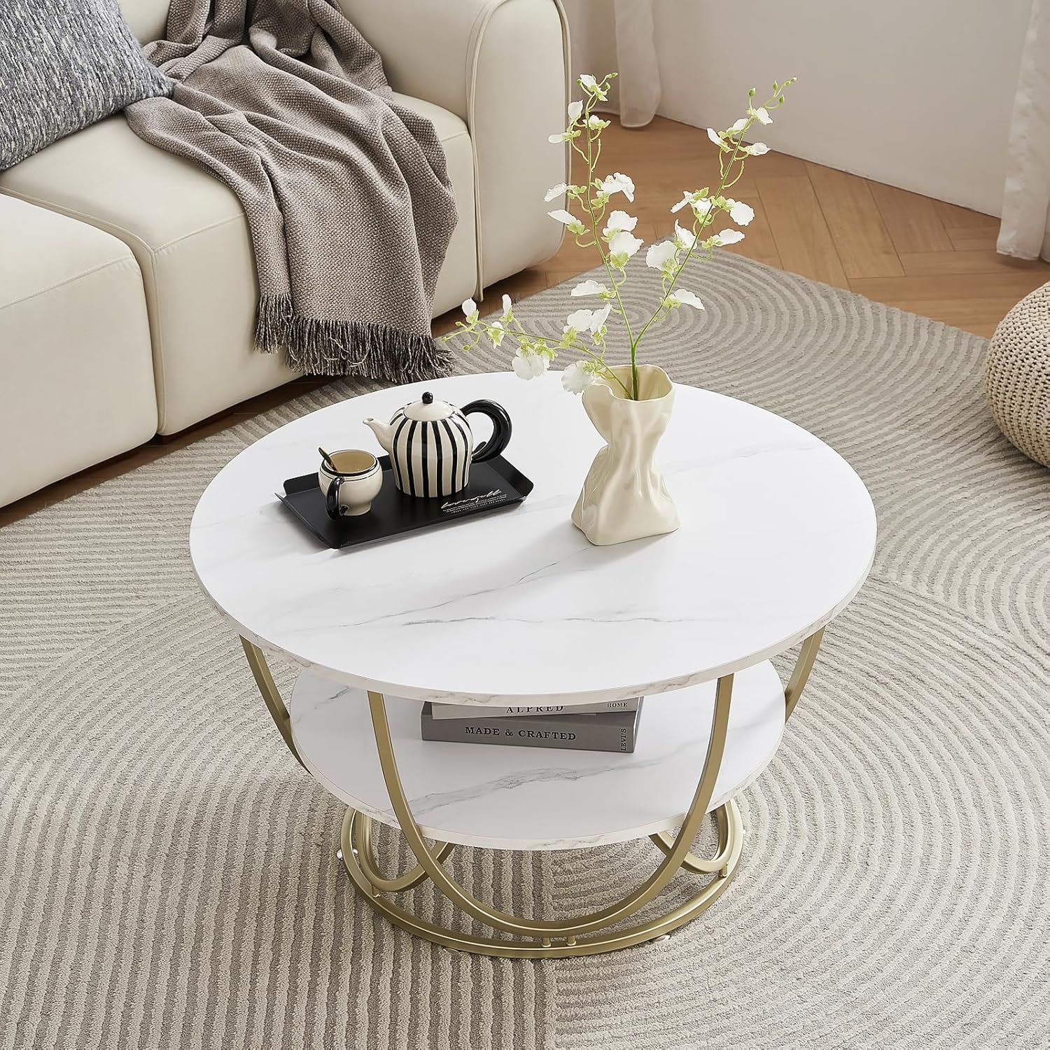 Elephance Round Coffee Table with Storage, 30 Inch Modern Coffee Table for Living Room,Wooden Tabletop-Marble White Print with Gold Frame