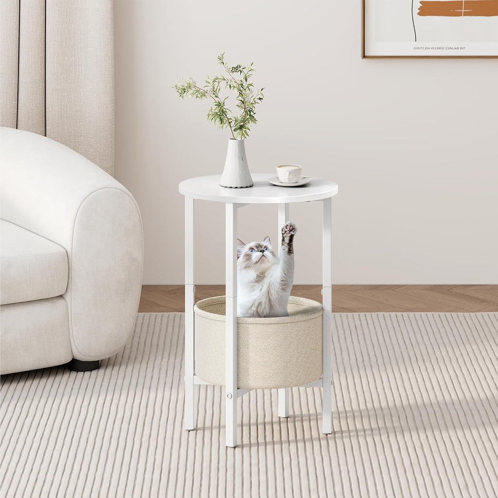 Vagusicc Round Side Table End Table with Storage Basket, Small Side Table Round Nightstand for Small Spaces, Tall Oval End Table with Steel Frame, Coffee Bedside Table for Living Room Bedroom, White