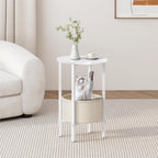Vagusicc Round Side Table End Table with Storage Basket, Small Side Table Round Nightstand for Small Spaces, Tall Oval End Table with Steel Frame, Coffee Bedside Table for Living Room Bedroom, White