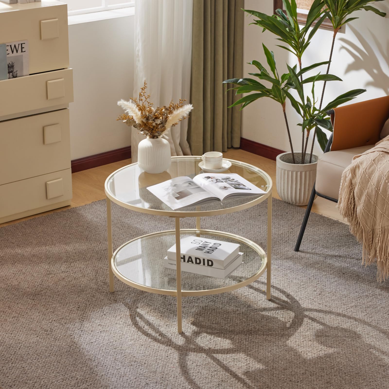 VINGLI 25.6" Round Gold Coffee Tables for Living Room, 2-Tier Glass Top Coffee Table with Storage Clear Coffee, Simple & Modern Center Table for Small Space