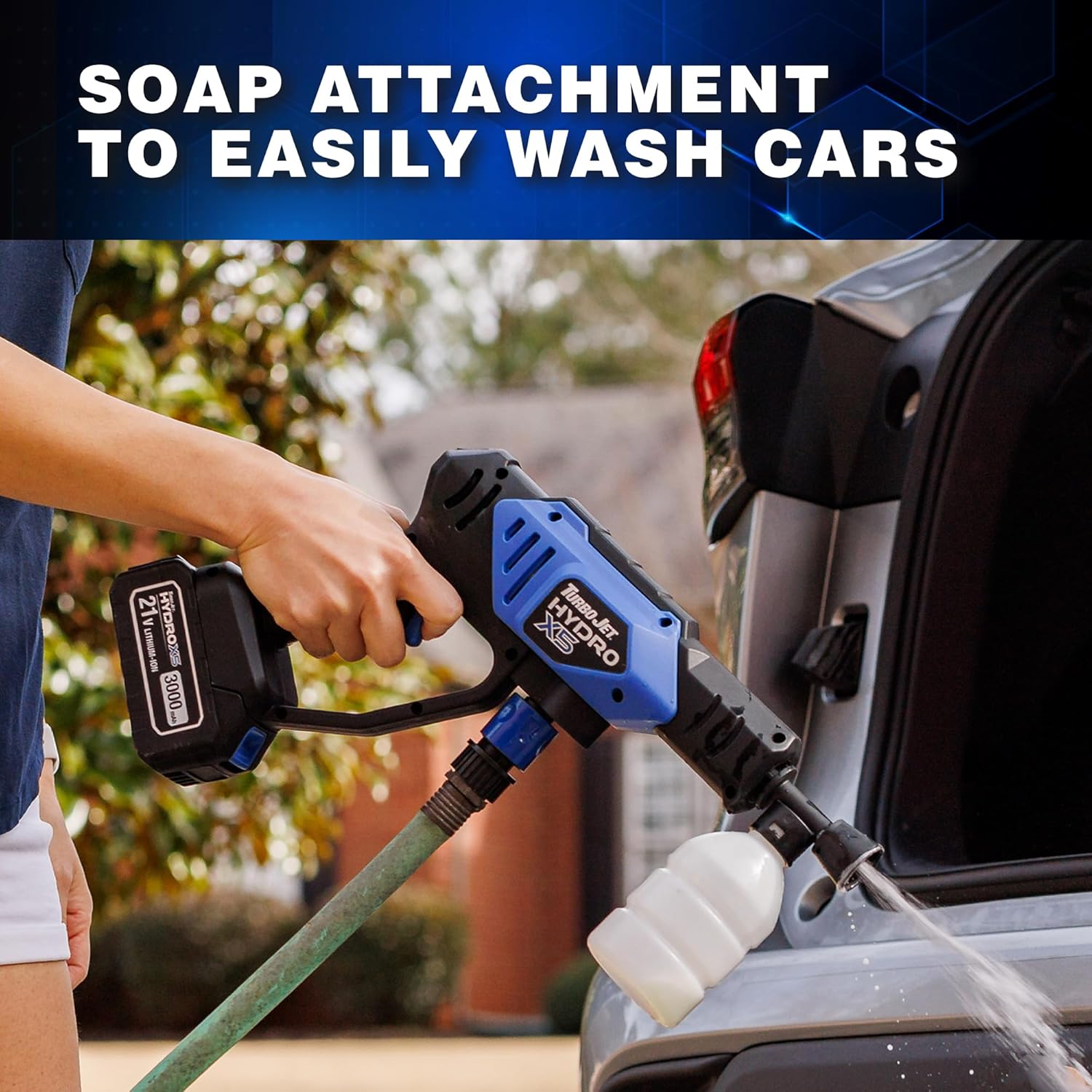 Ontel Turbo Jet HydroX5 Pro Portable Cordless Pressure Washer (21V 3000mAh Battery), 6-in-1 Nozzle, Dual Water Source, 16ft Detachable Hose