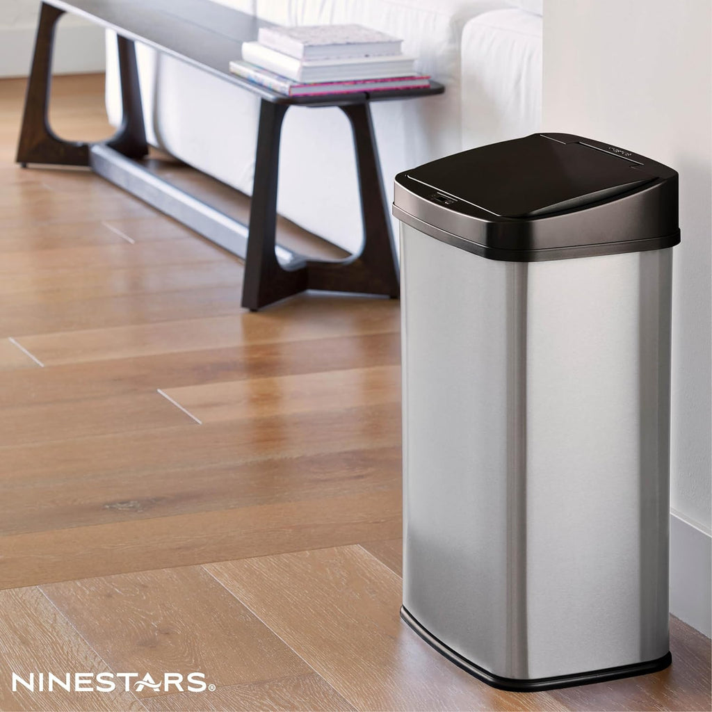 Ninestars Automatic Touchless Infrared Motion Sensor Trash Can, 13 Gal 50L, Stainless Steel Base (Rectangular, Black Lid), Black Trim