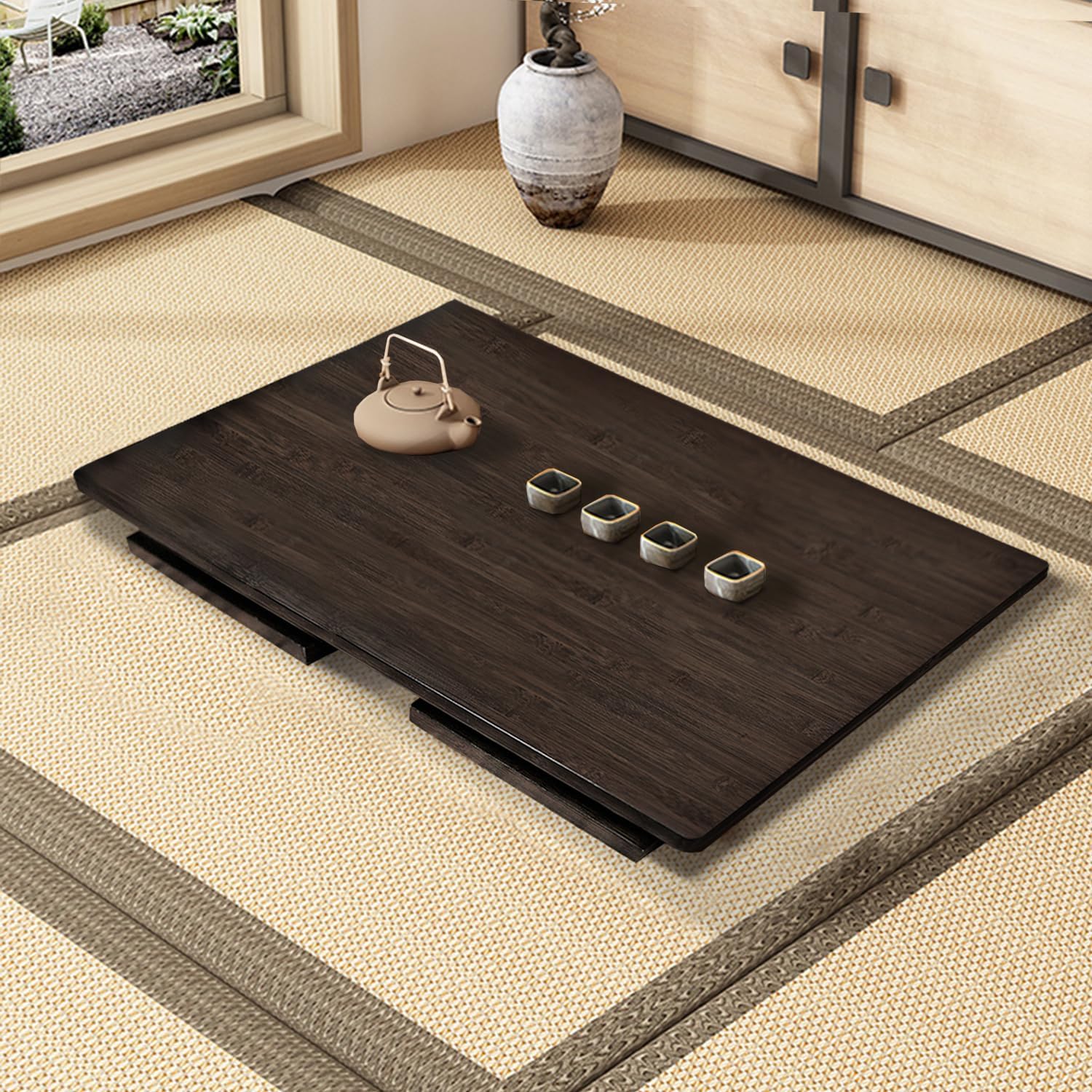Japanese Folding Floor Table Foldable Coffee Tables Wood Low Tables Versatile for Sitting Dining Table Tea Tatami Desk No Assembly Unique (31.5 * 19.7 * 11.8 inch)