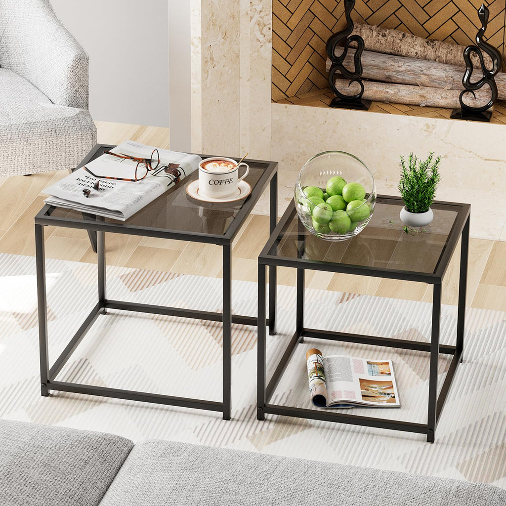 VILAWLENCE Coffee Table Set of 2, Modern Gold Glass Side Table, Metal Frame Square End Table, Center Tables, Nesting Coffee Table for Living Room, Bedroom and Small Spaces, 23.6in