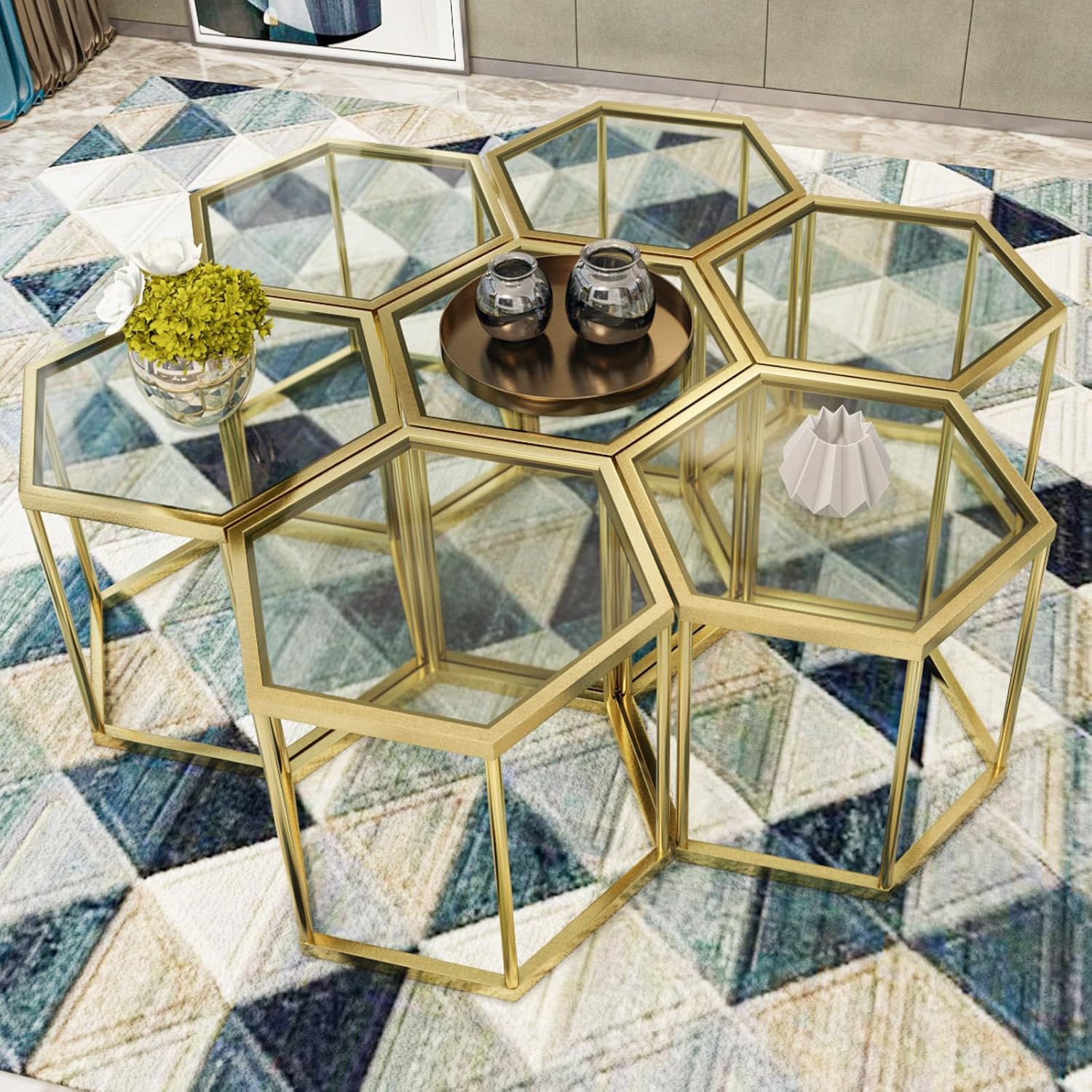 Gold Glass Coffee Table Modern Glass Center Table, Hexagon Free Combination Coffee Table Small End Tables for Living Room Set of 3
