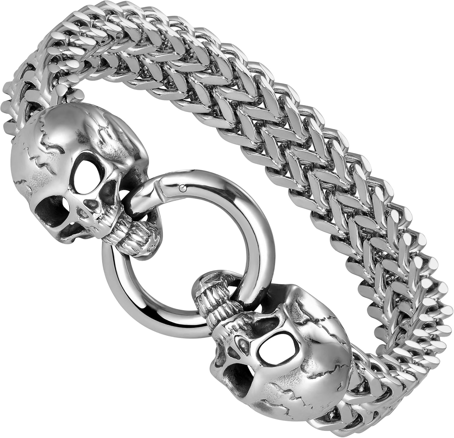 Bold Men’s Biker Bracelet – Skull, Wolf, and Foxtail Chain Designs in Polished Silver & Black Genuine Leather – Rust & Discoloration Resistant Stainless Steel – Jewelry Gift or Accessory for Men