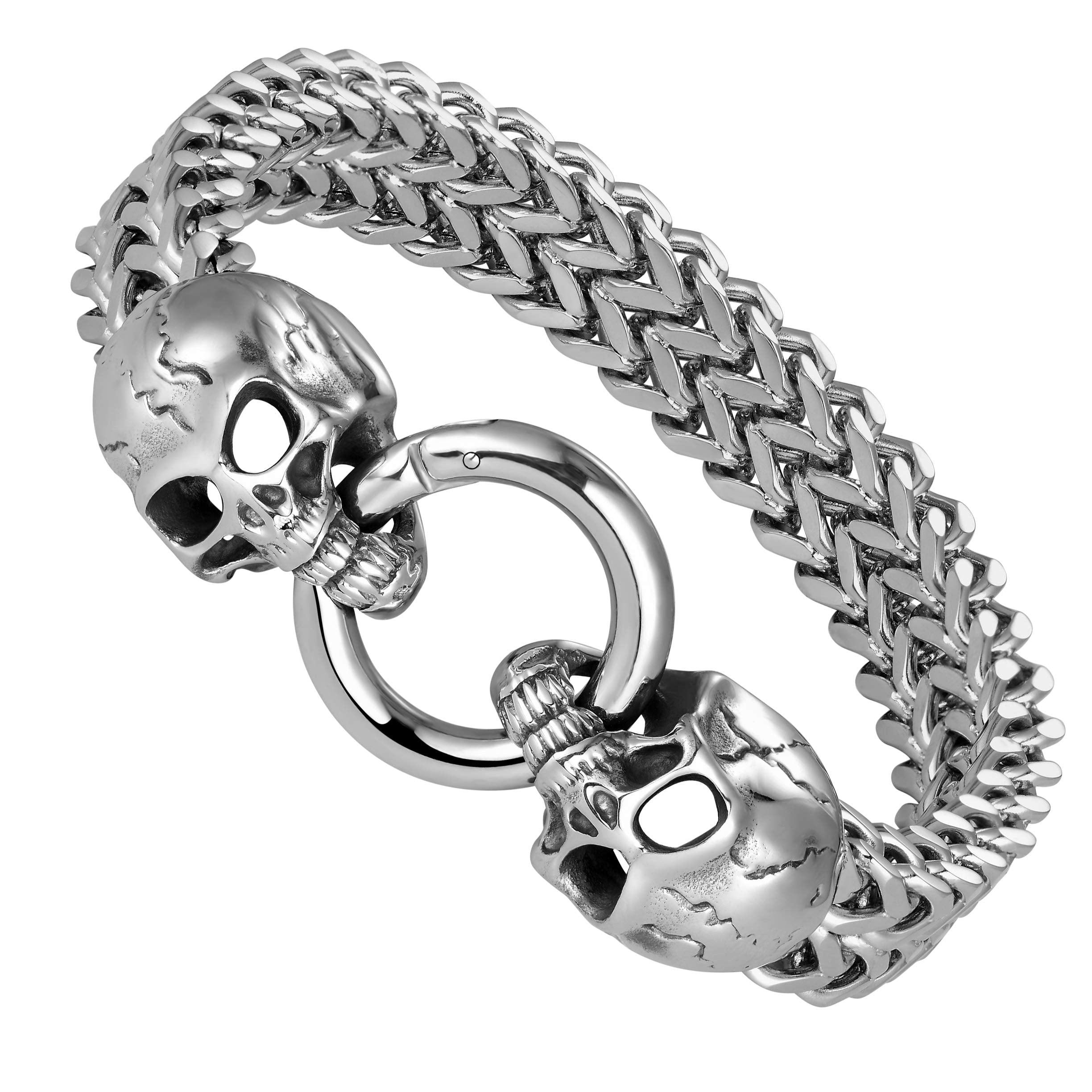 Bold Men’s Biker Bracelet – Skull, Wolf, and Foxtail Chain Designs in Polished Silver & Black Genuine Leather – Rust & Discoloration Resistant Stainless Steel – Jewelry Gift or Accessory for Men