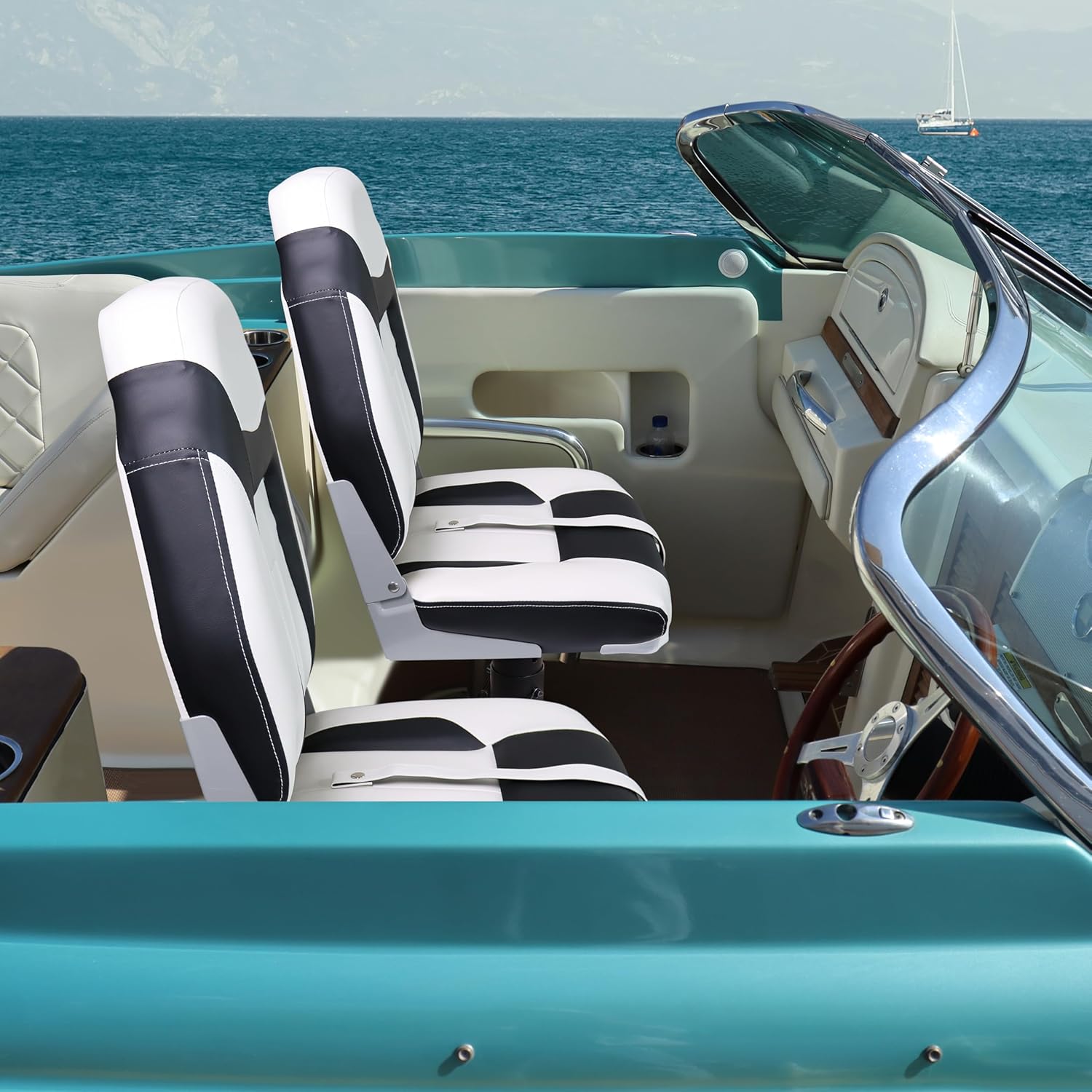 High Back Boat Seats 2 Pack, Folding Fishing Bass Boat Seat, White and Black