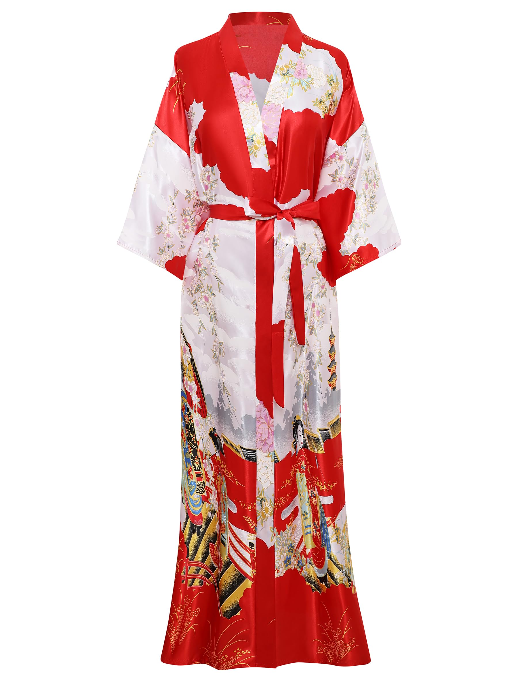 PRODESIGN Kimono Robe for Women - Long Satin Sleepwear Silky Kimono Cover-Up Nightgown Japanese Bathrobe Loungewear Blouse