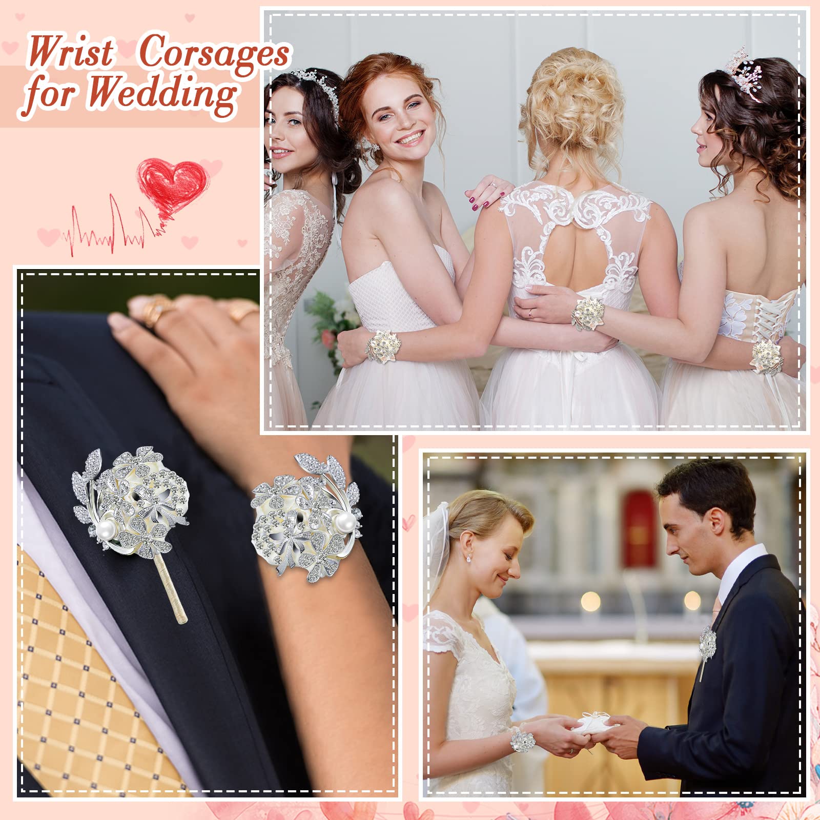 Yunsailing 2 stk kunstige corsager håndledsblomst rhinsten håndledscorsage kunstig silke corsage bryllupshåndledscorsage til bryllup boutonnierre håndledsblomster fest brudeshower (sølv elfenben)