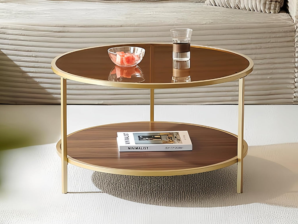 Modern Round Glass Coffee Table with Amber Glass Top, Round Glass Table for Living Room, D30''×H18'', Gold Table Legs Structure & Amber Glass Top