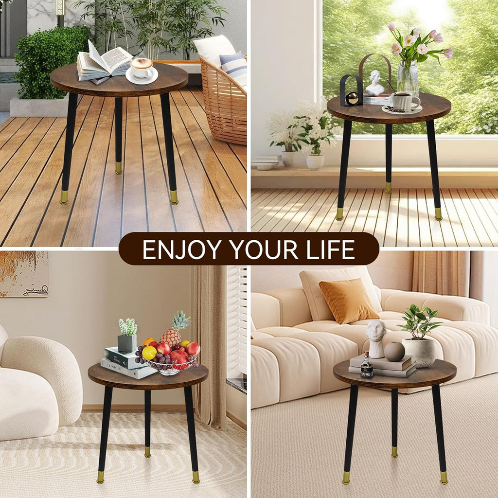 Round Side Table for Small Spaces-16inch Brown Wood Top & Black Metal Tri-Leg Accent Table, Rustic Modern Nightstand End Table for Bedroom, Living Room, Balcony - Easy Assembly Farmhouse Decor