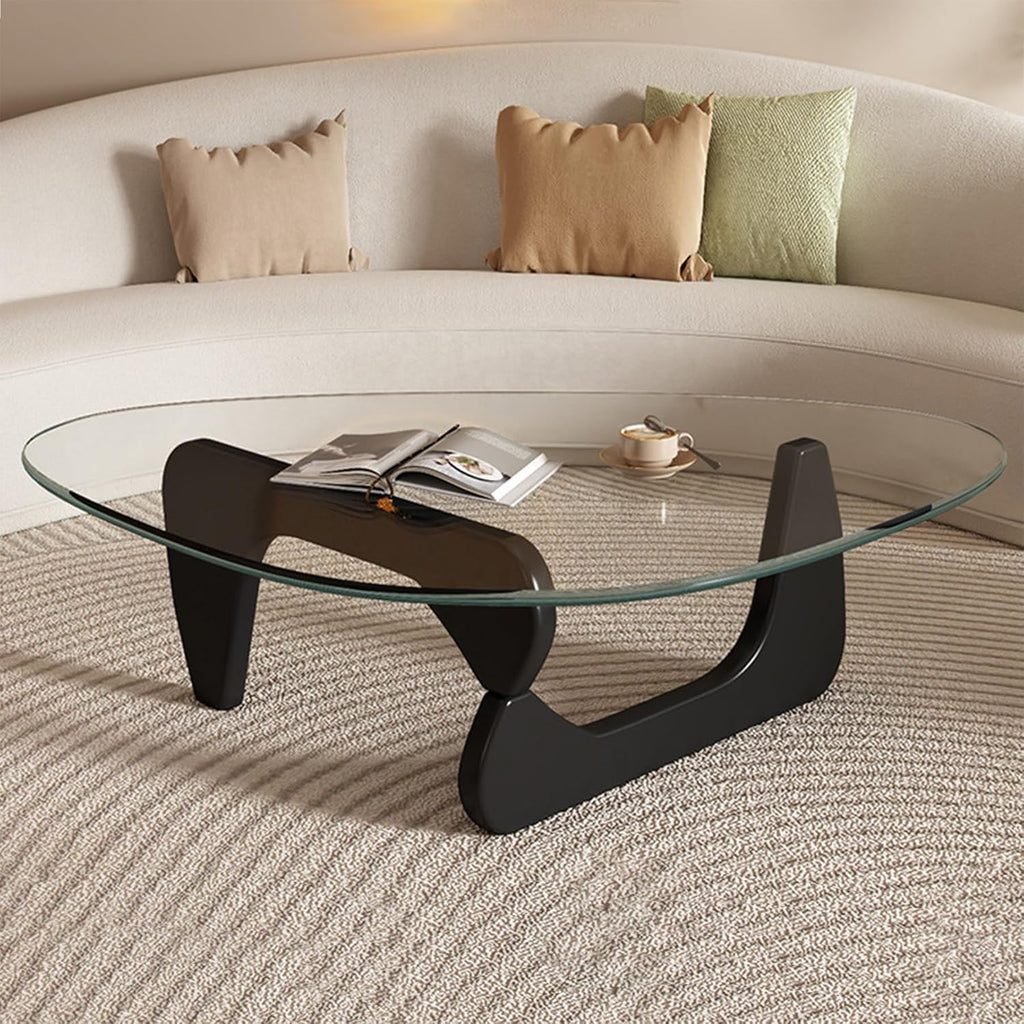 Small Coffee Table Modern Glass Coffee Table, Mid Century Coffee Table for Living Room, Mesa de Centro para Sala, Rustic Oval Coffee Table with Glass Top & Wood Base, (Walnut Brown, 31.5in)