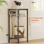 Tall End Table with Charging Station, 3 Tier Narrow Beside Table with Adjustable Shelf, Tall Side Table Nightstand for Bedroom, Living Room Coffe Table, Office, Greige