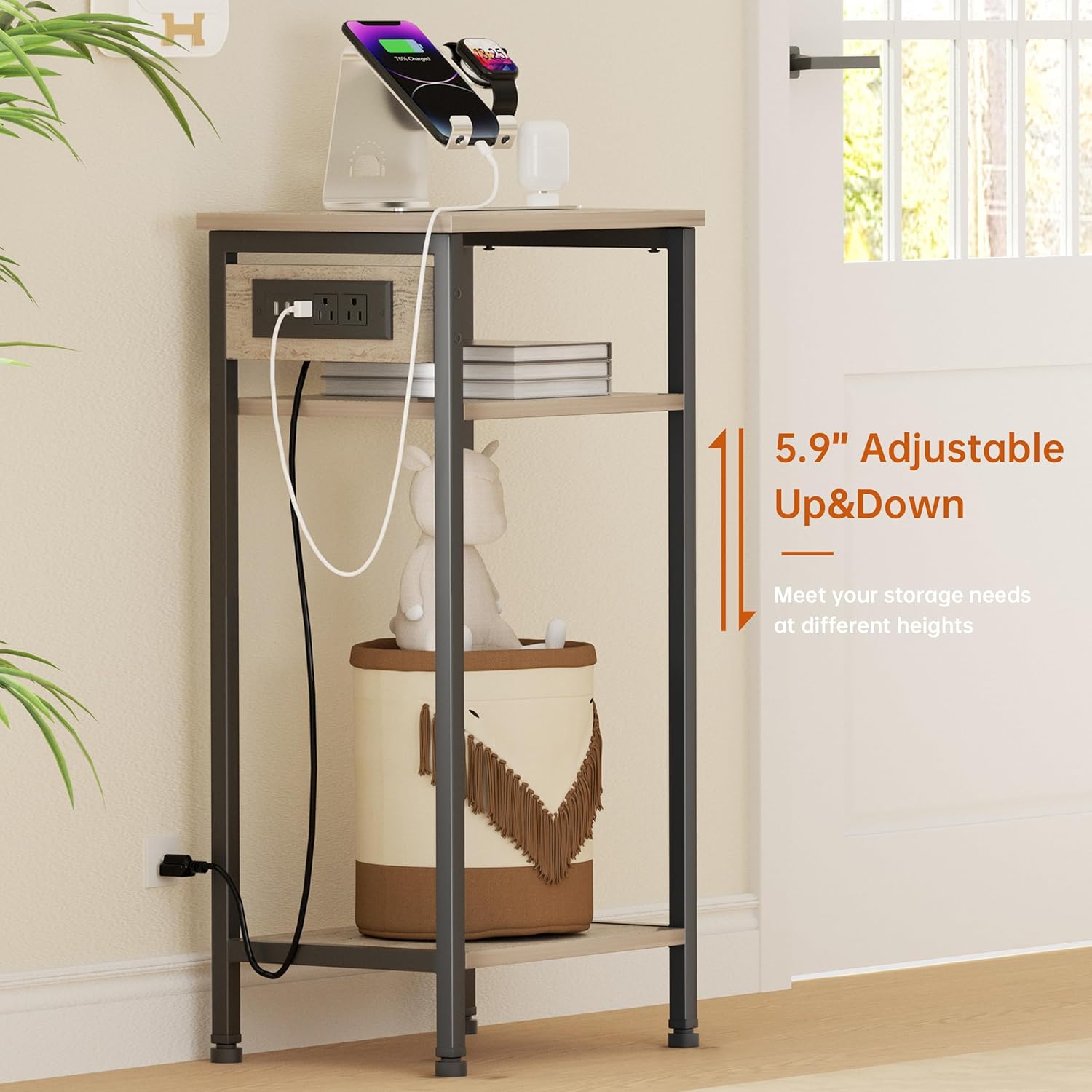 Tall End Table with Charging Station, 3 Tier Narrow Beside Table with Adjustable Shelf, Tall Side Table Nightstand for Bedroom, Living Room Coffe Table, Office, Greige