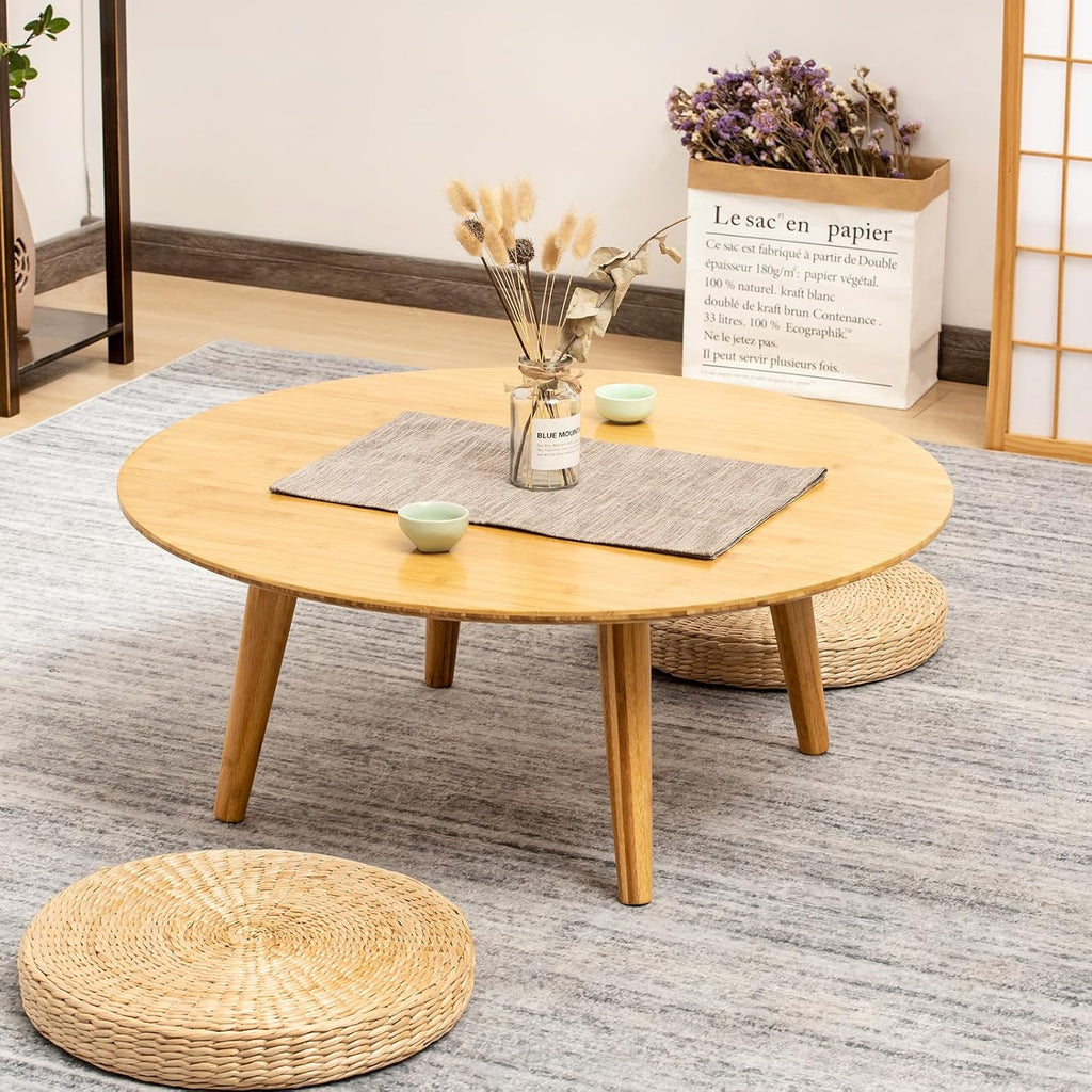 Round Bamboo Small Coffee Table, Low Japanese Style Table for Living Room, Mid Century Circle Coffee Table, 23.6'' Sofa Side End Tables for Sitting on The Floor